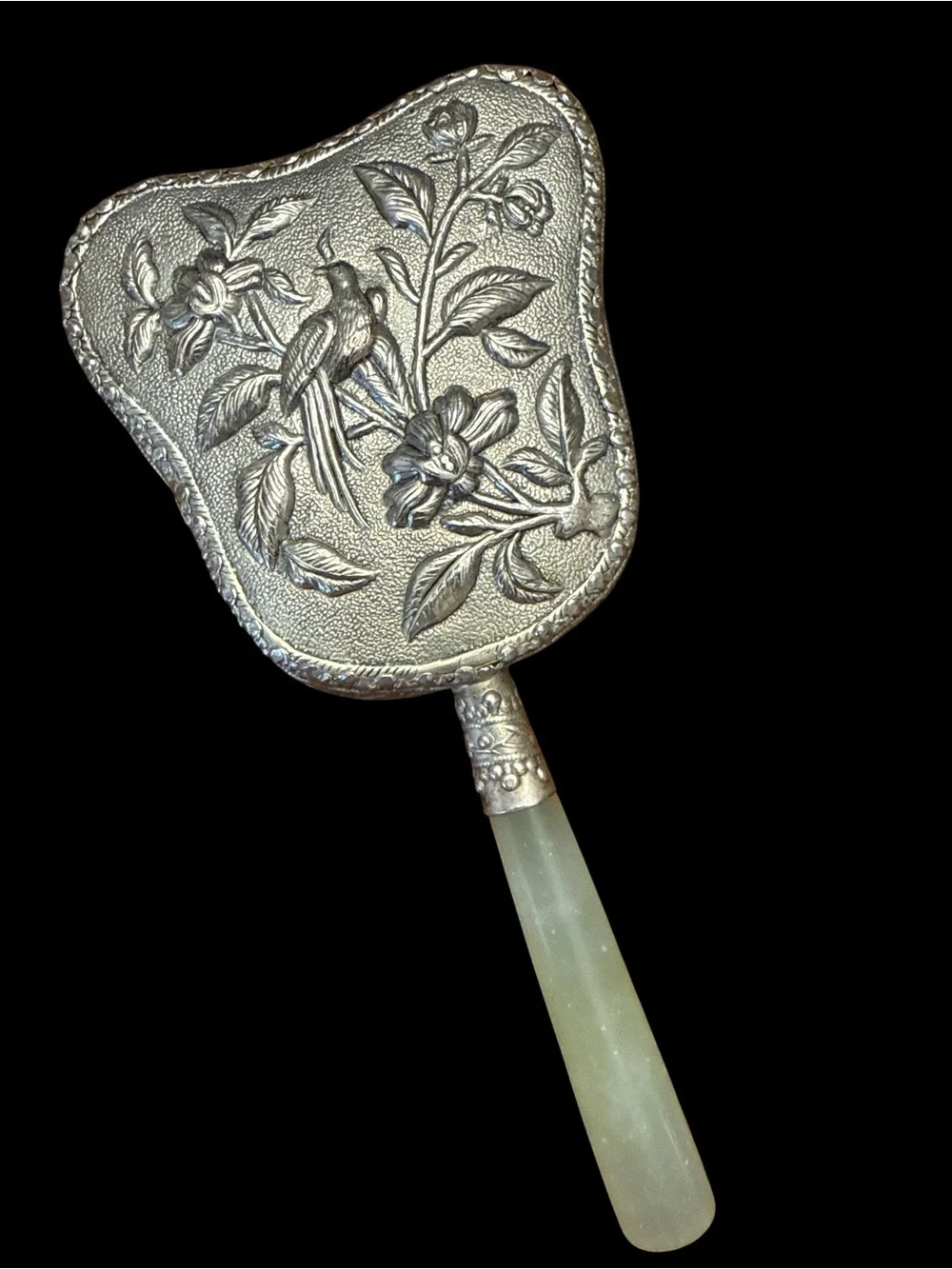 MCM Ornate Silver Floral Hand Mirror with Jade Handle